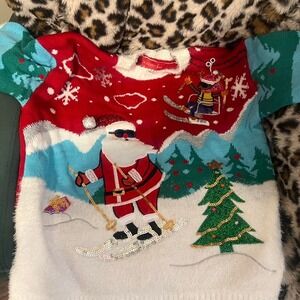 Blizzard Bay Santa Skiing Red & white Christmas sweater with sequins  Small NWOT